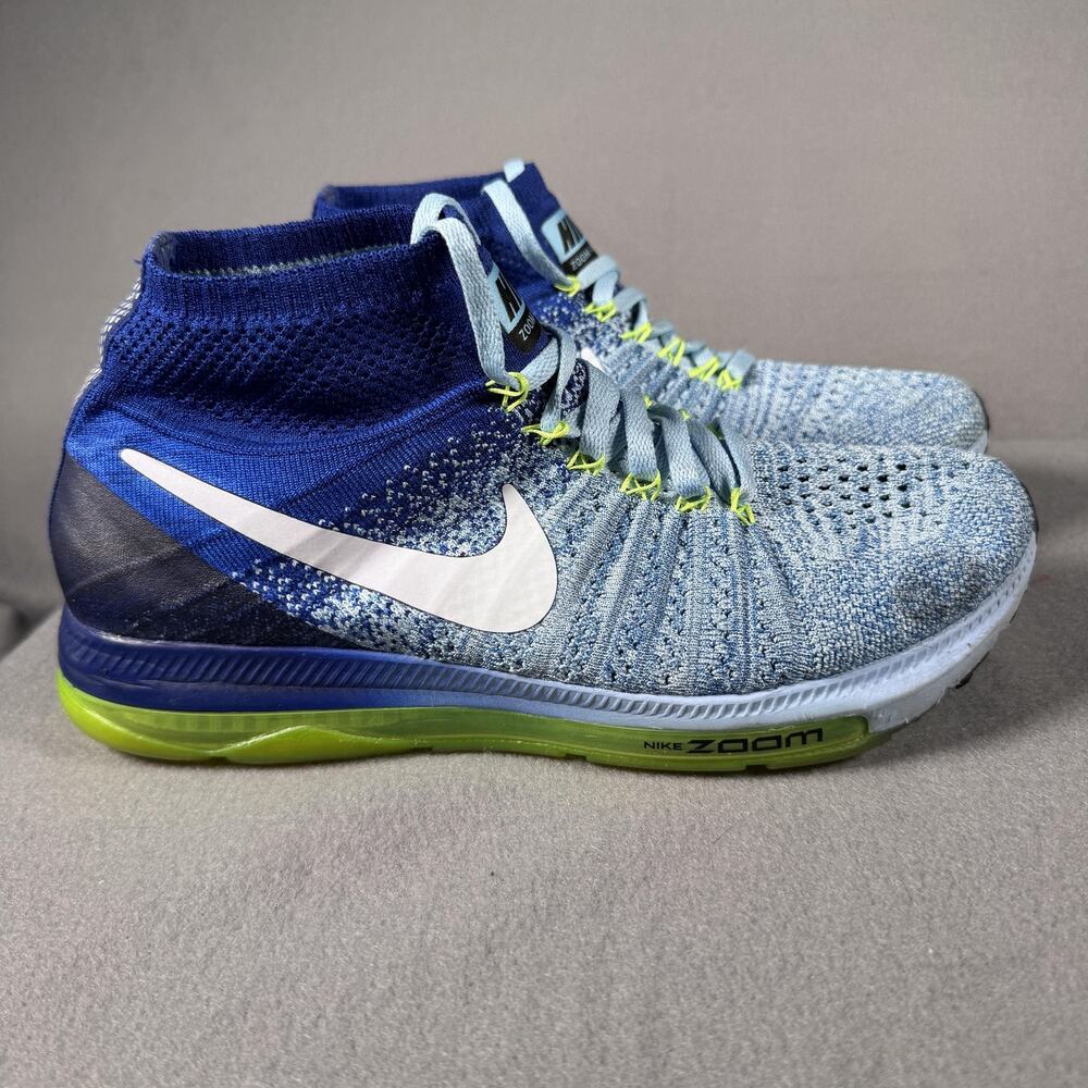 Nike Zoom All‎ Out Flyknit Shoes Womens Size 8 Blue Volt Running Mid 845361-400